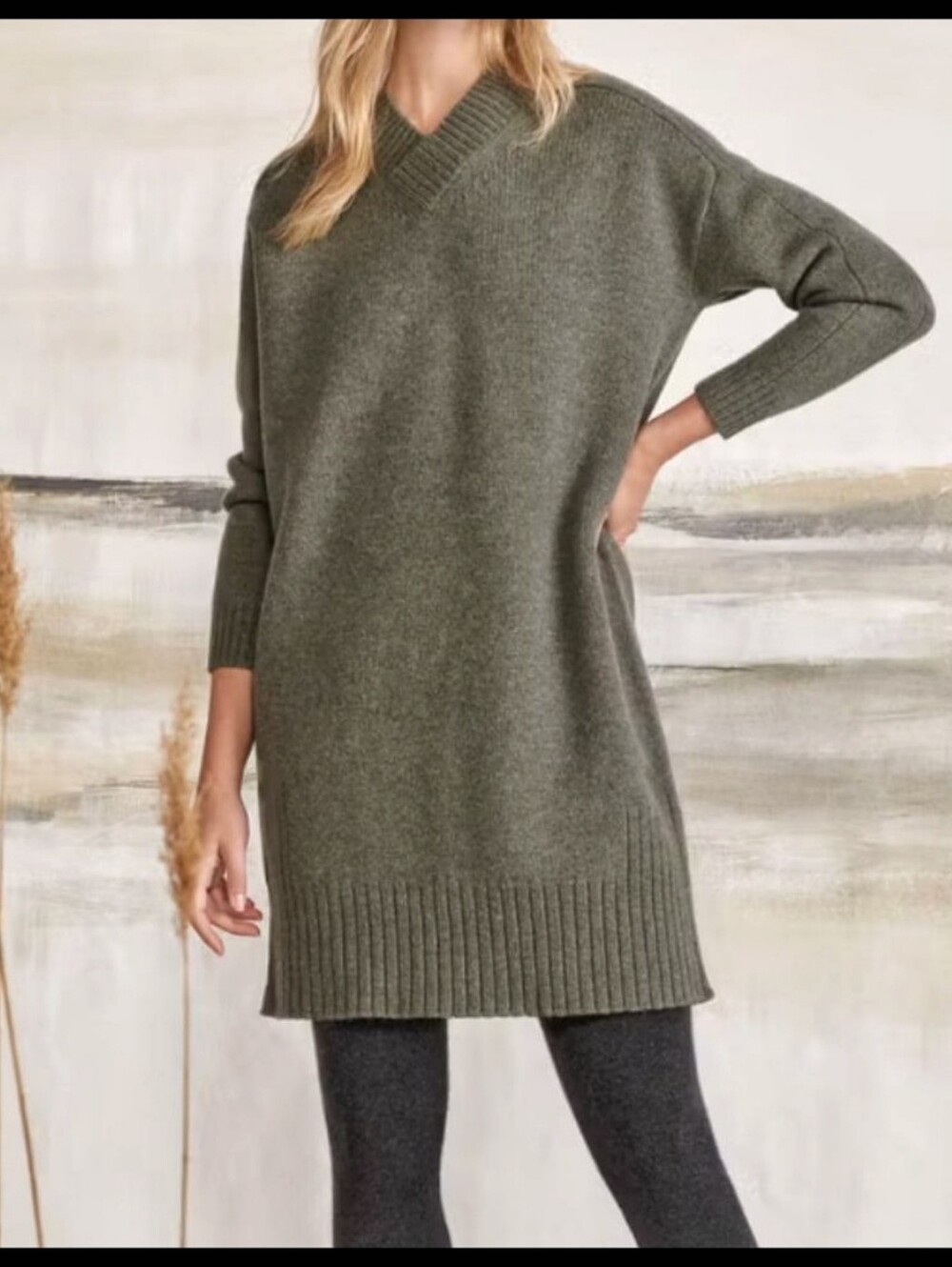 NWT Poetry UK 100% Lambswool V-neck Sweater Tunic Dress Grey Olive US 8 NEW